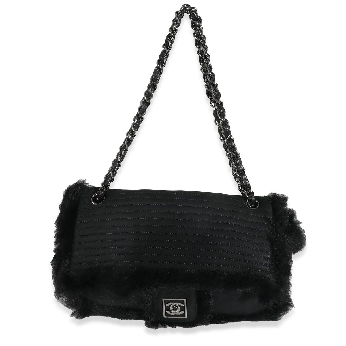 Black Horizontal Stitch Shearling CC Flap Bag