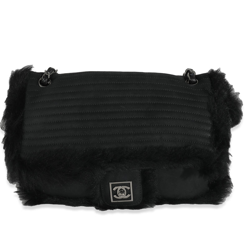 Chanel Black Horizontal Stitch Shearling CC Flap Bag