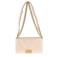 Beige Caviar Suede Calfskin Chevron Medium Boy Bag