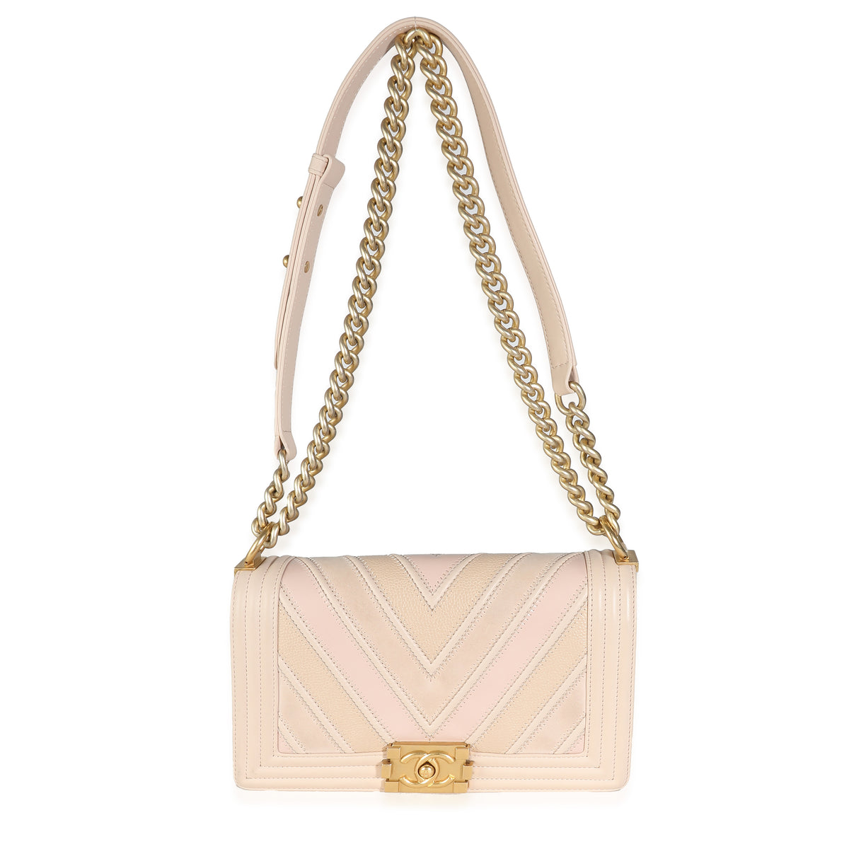 Beige Caviar Suede Calfskin Chevron Medium Boy Handbag