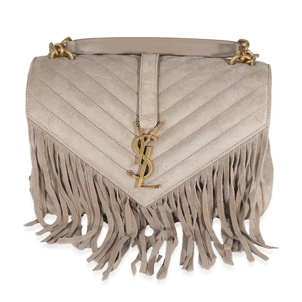 Saint Laurent Beige Suede Matelasse Chevron Fringe Monogram Medium College Bag myGemma Item 137349