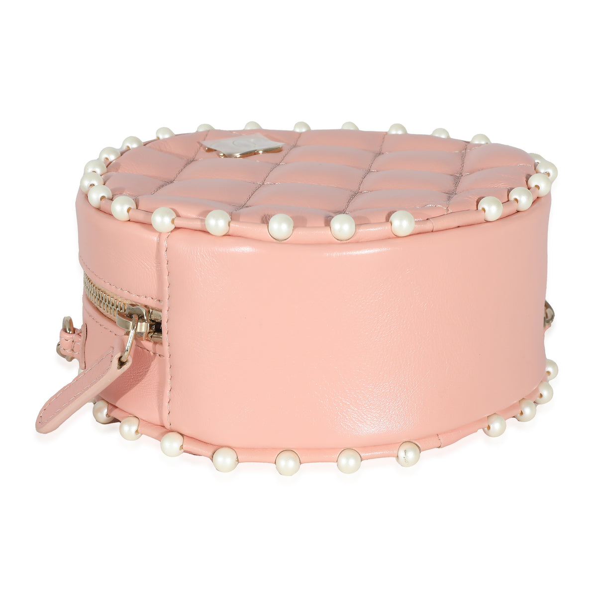 Pink Quilted Calfskin Pearl Round Clutch With Chain