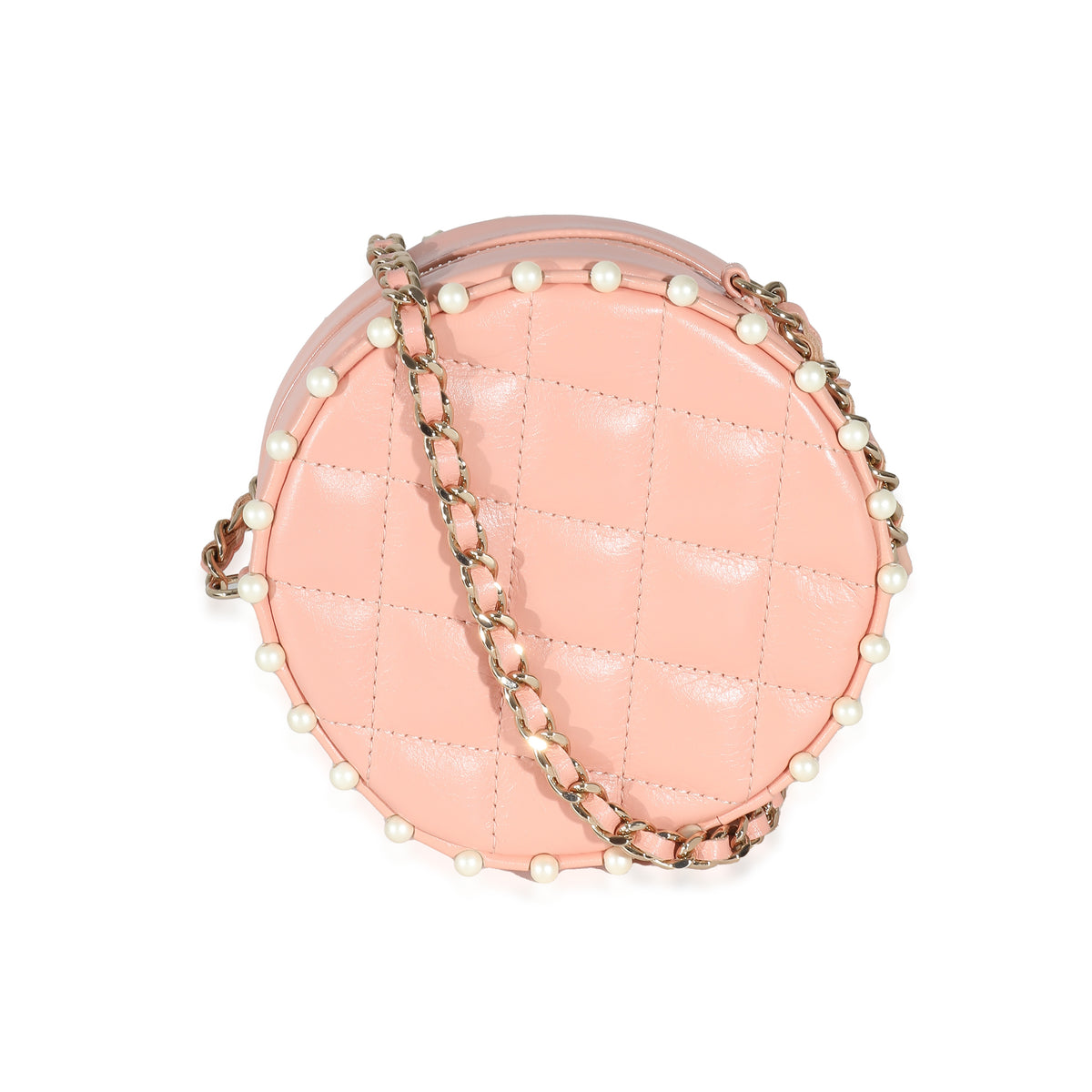 Pink Quilted Calfskin Pearl Round Clutch With Chain