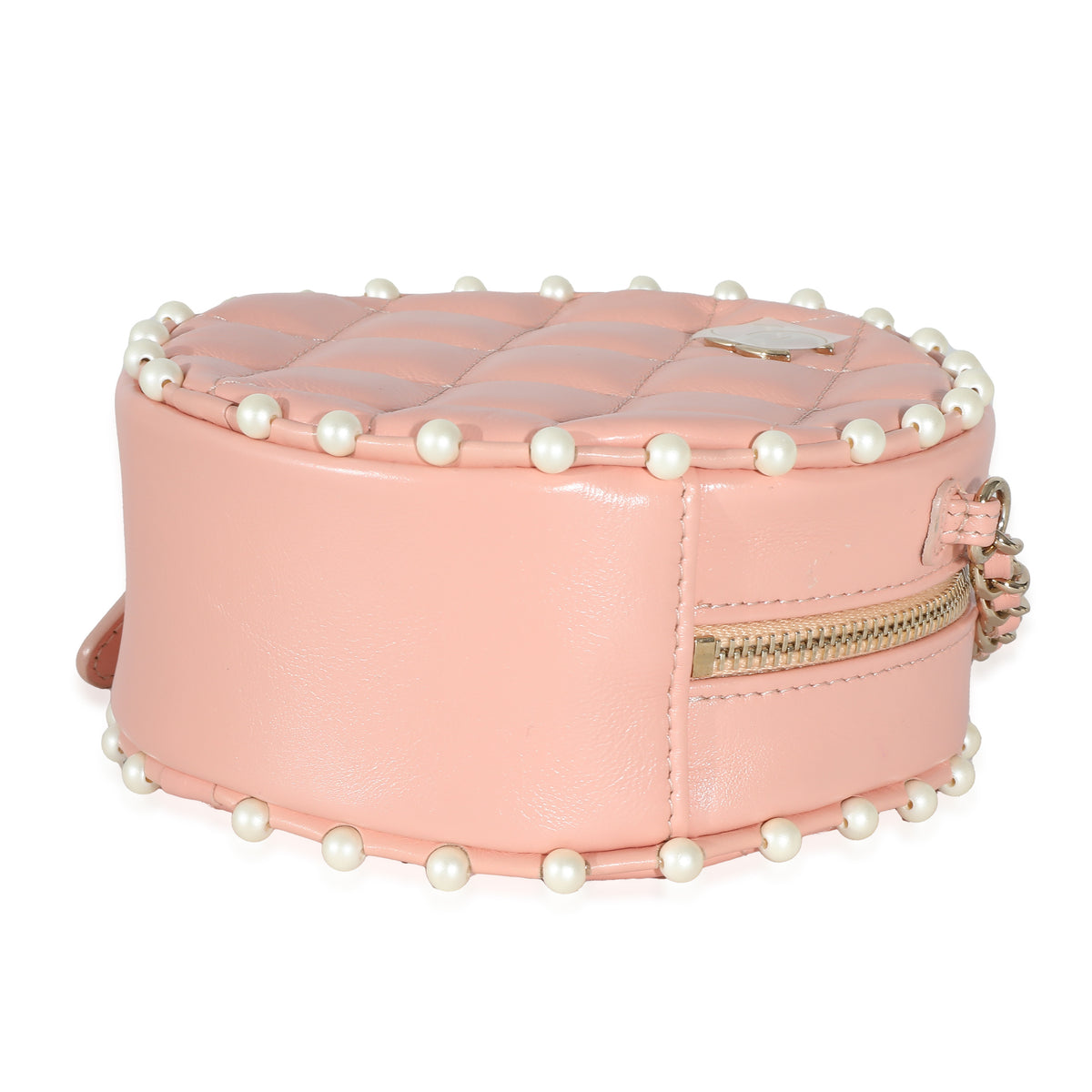 Pink Quilted Calfskin Pearl Round Clutch With Chain