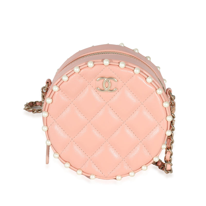 Pink Quilted Calfskin Pearl Round Clutch With Chain