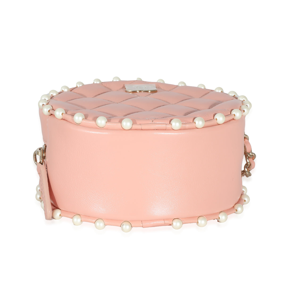 Pink Quilted Calfskin Pearl Round Clutch With Chain