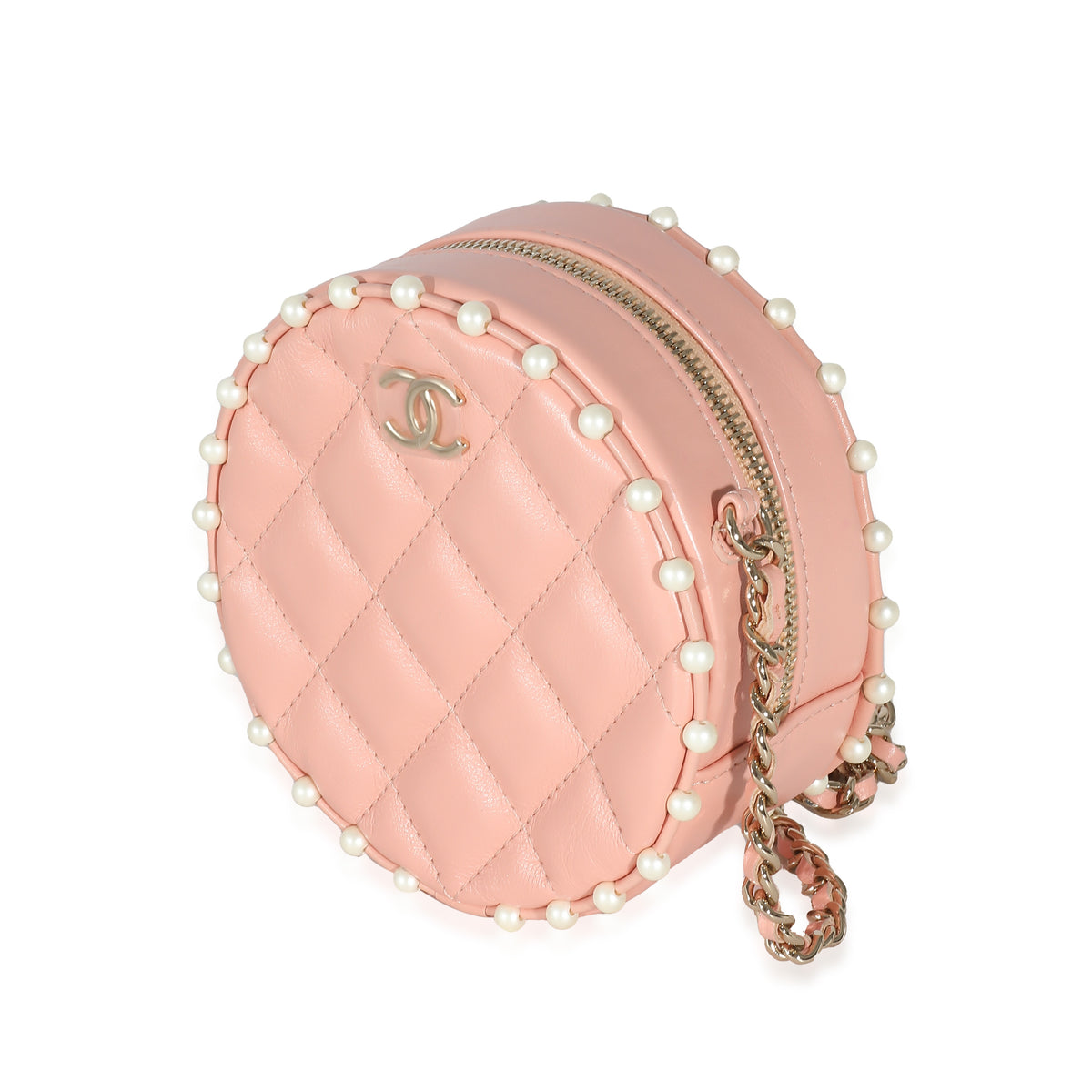 Pink Quilted Calfskin Pearl Round Clutch With Chain