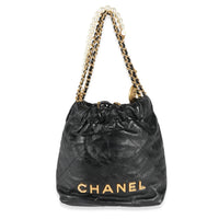Chanel Black Shiny Crumpled Quilted Calfskin Pearl Chain Mini Chanel 22 Hobo