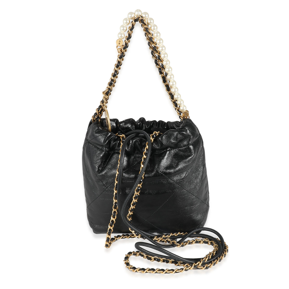 Chanel Black Shiny Crumpled Quilted Calfskin Pearl Chain Mini Chanel 22 Hobo