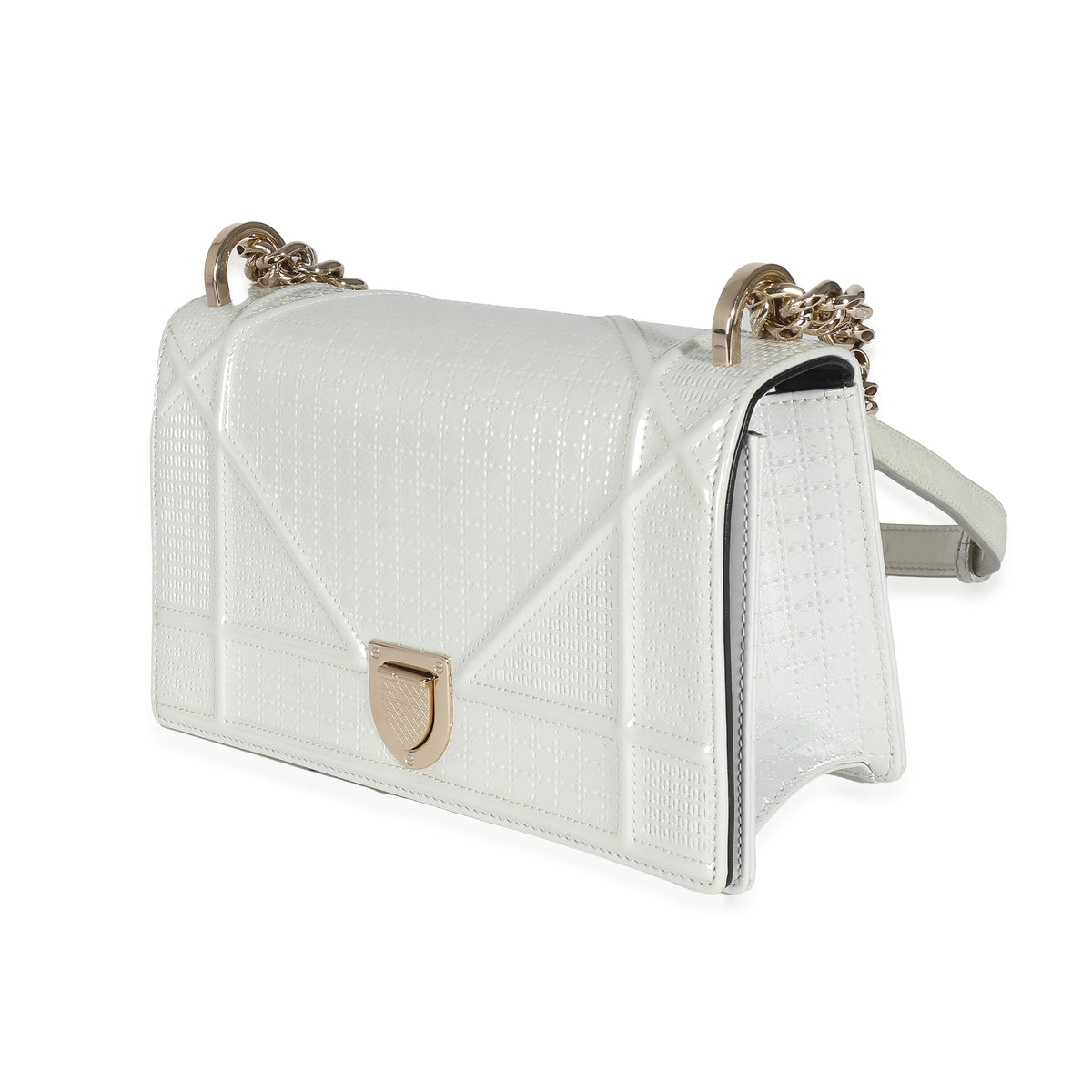 White Micro Cannage Patent Small Diorama Flap Bag