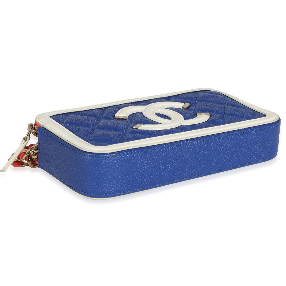 Blue White Red Quilted Caviar Double Zip Filigree Clutch