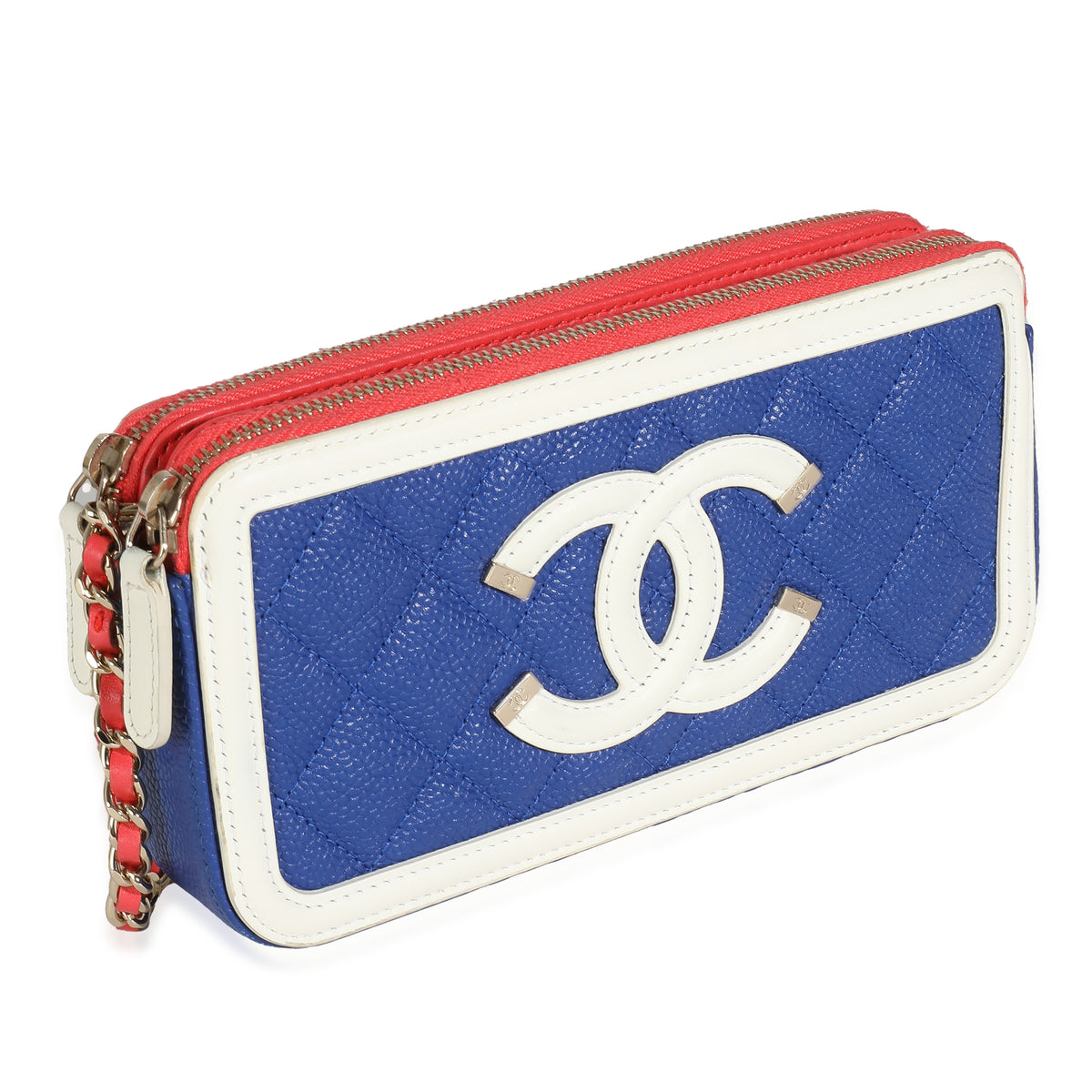 Blue White Red Quilted Caviar Double Zip Filigree Clutch