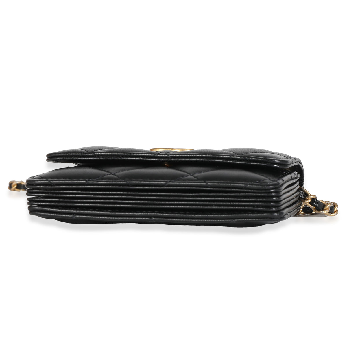 Black Quilted Lambskin Ruffled Card Holder On Chain
