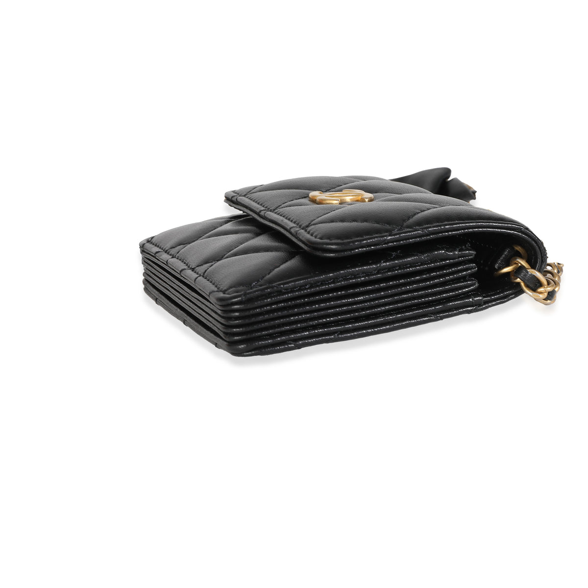 Black Quilted Lambskin Ruffled Card Holder On Chain