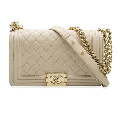 Beige Quilted Lambskin Medium Boy Bag