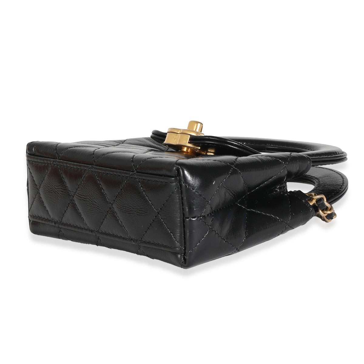 24P Black Quilted Shiny Aged Calfskin Mini Nano Kelly Shopper