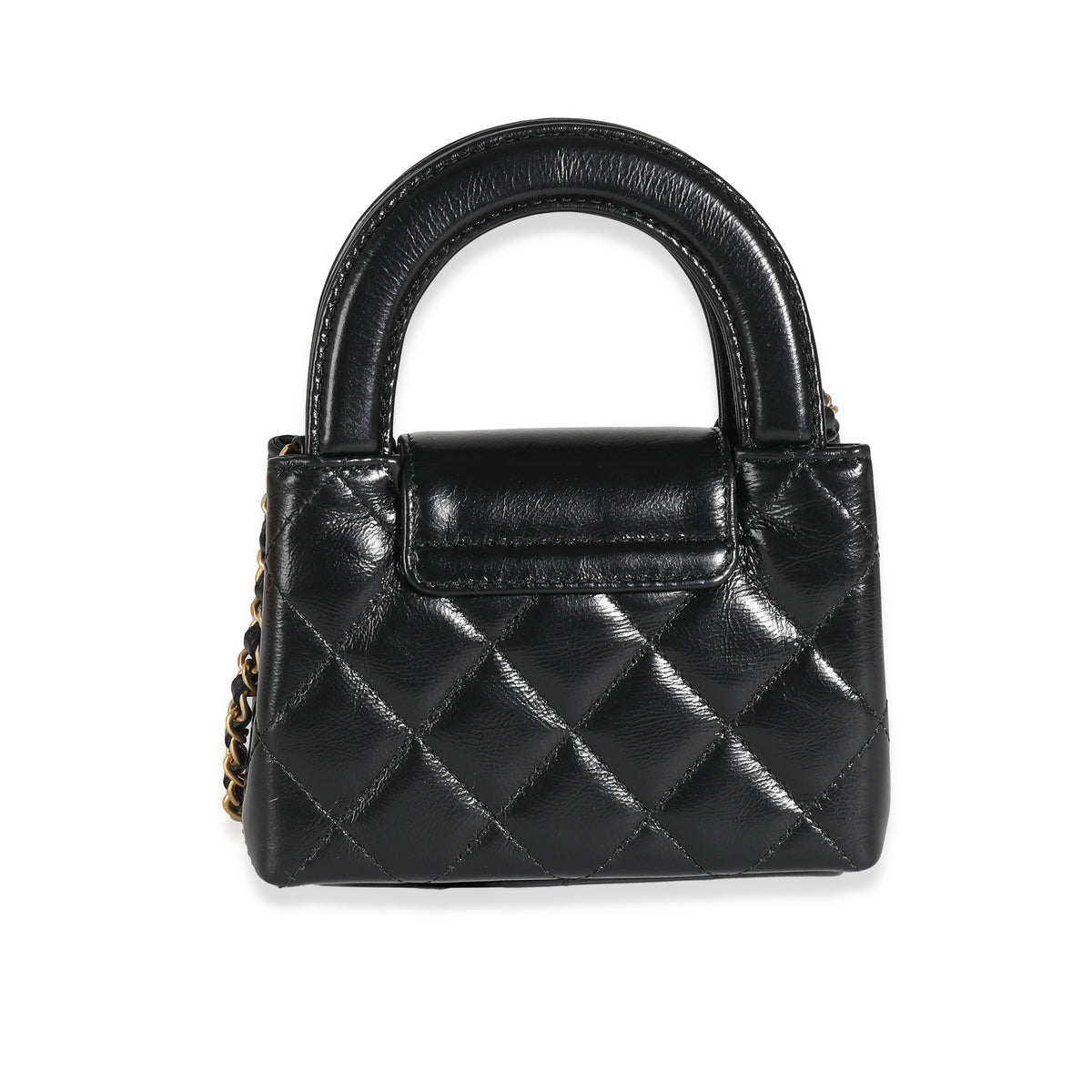 24P Black Quilted Shiny Aged Calfskin Mini Nano Kelly Shopper