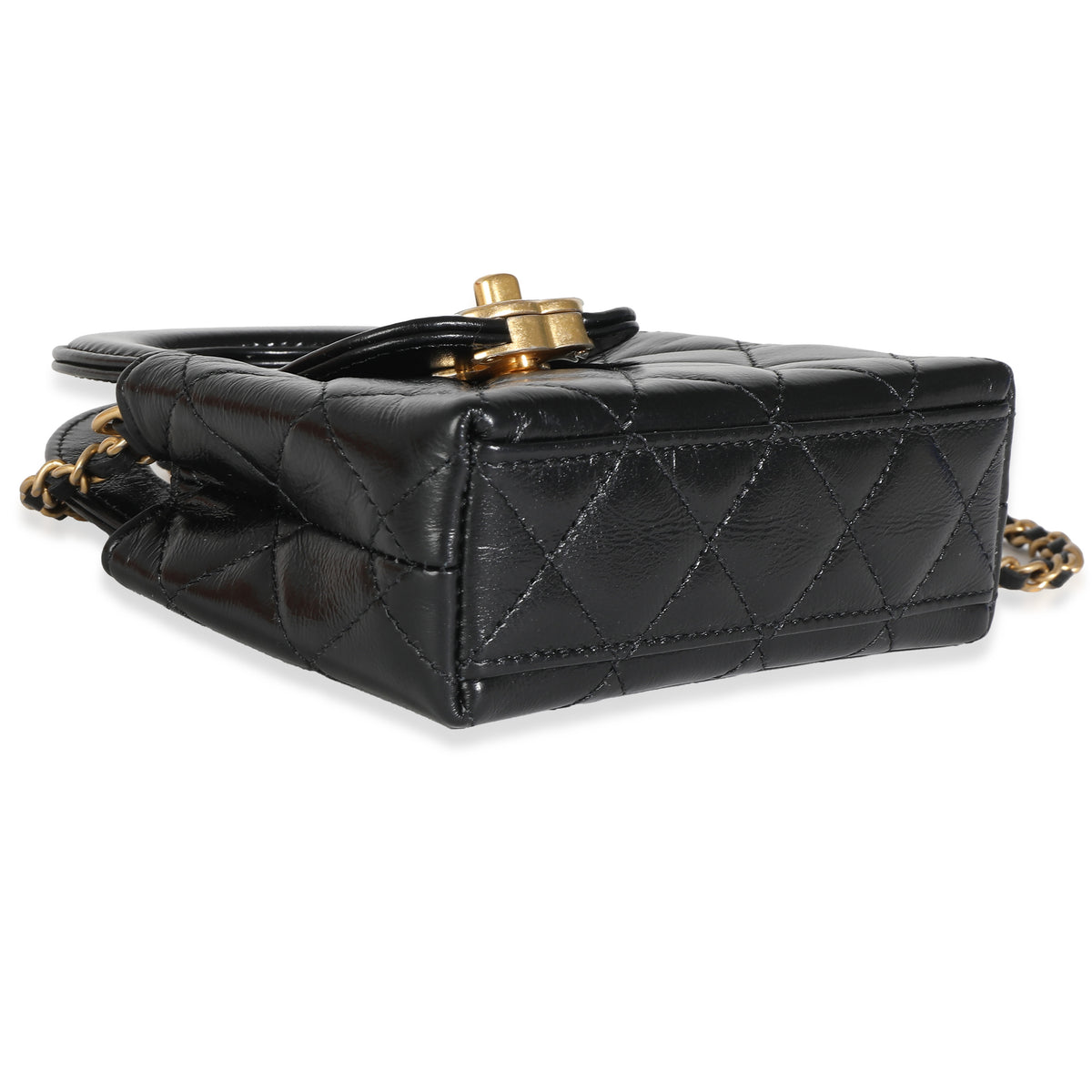 24P Black Quilted Shiny Aged Calfskin Mini Nano Kelly Shopper