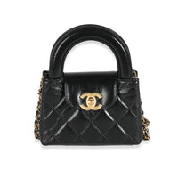 24P Black Quilted Shiny Aged Calfskin Mini Nano Kelly Shopper