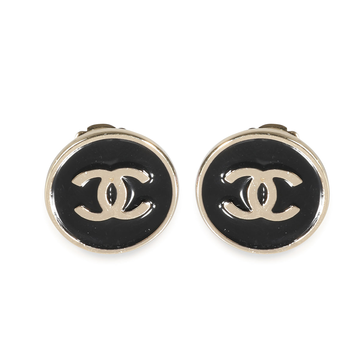 CC Gold Tone with Black Enamel Button Earrings