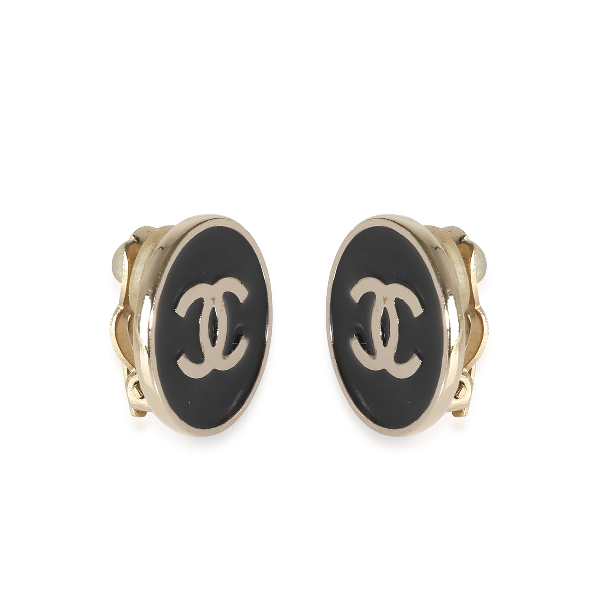 CC Gold Tone with Black Enamel Button Earrings