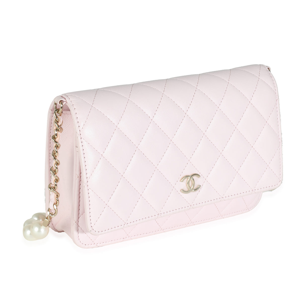 Pink Quilted Lambskin Pearl Wallet On Chain