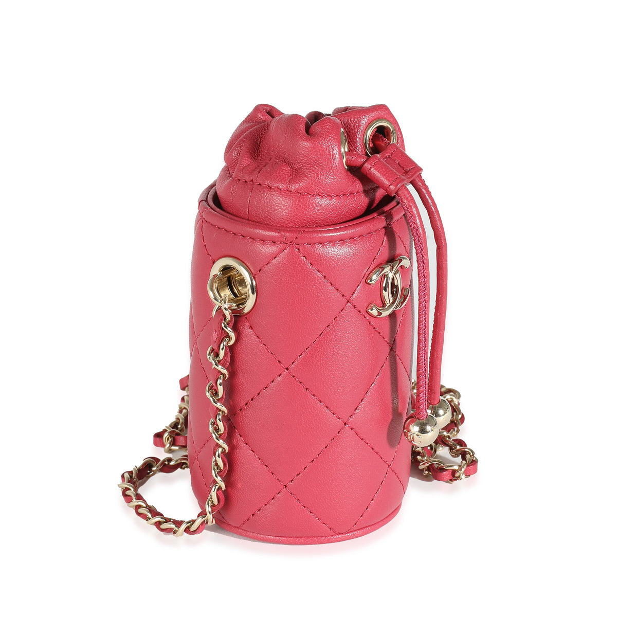 Dark Pink Quilted Lambskin Micro Drawstring Bucket