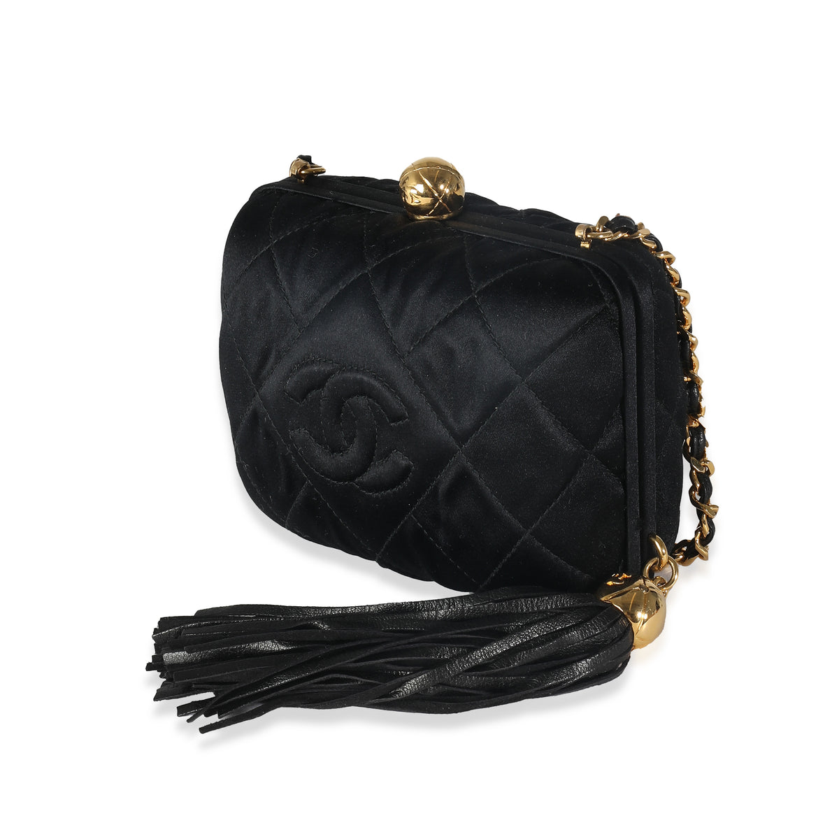 Chanel Black Quilted Satin CC Tassel Box Clutch Handbag av
