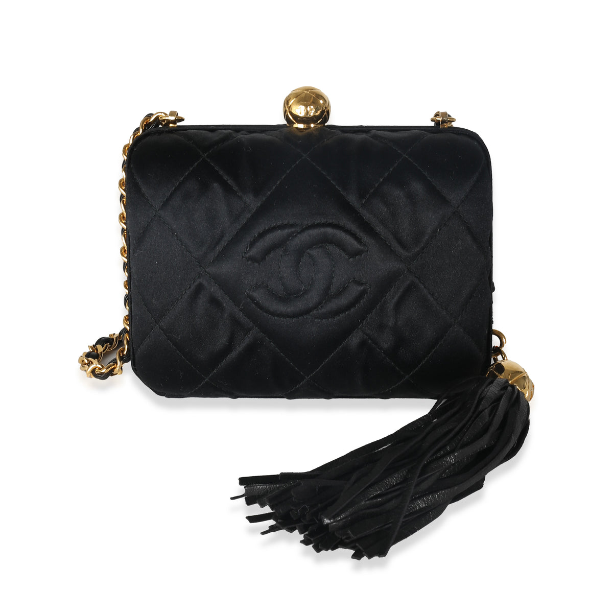 Chanel Black Quilted Satin CC Tassel Box Clutch Handbag fv