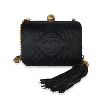 Chanel Black Quilted Satin CC Tassel Box Clutch Handbag fv