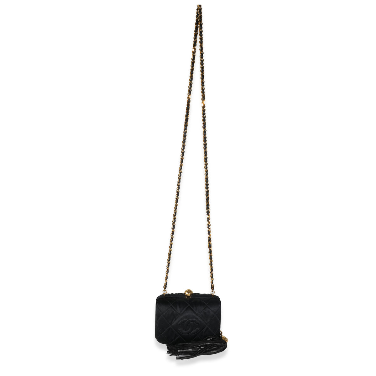 Chanel Black Quilted Satin CC Tassel Box Clutch Handbag pv