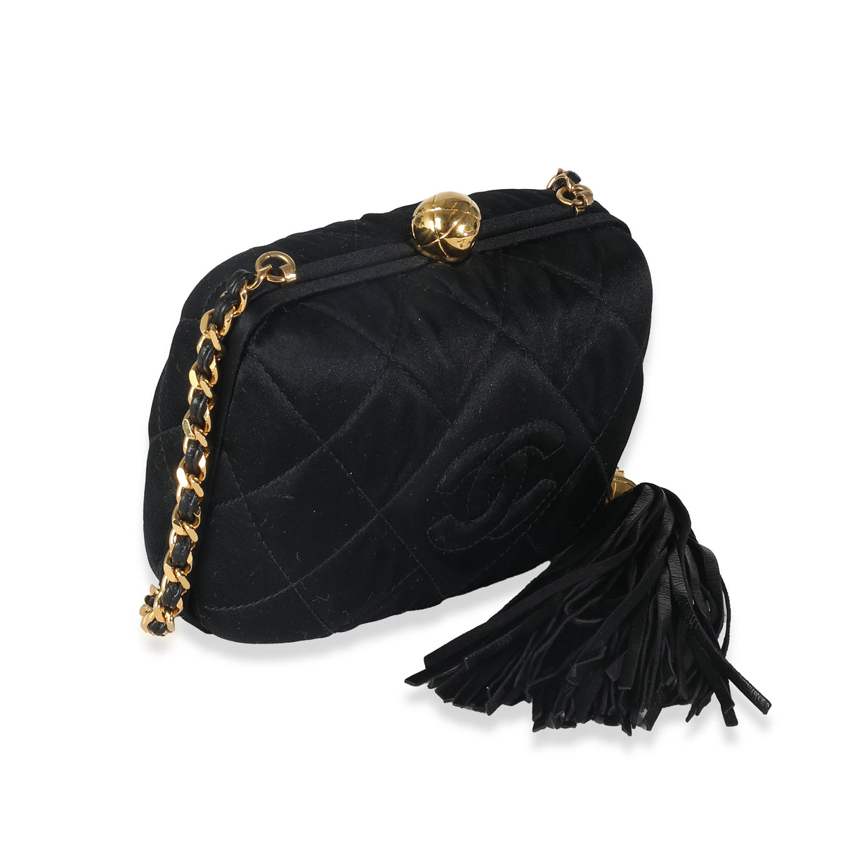 Chanel Black Quilted Satin CC Tassel Box Clutch Handbag sv