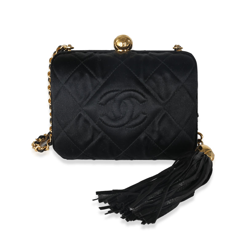 Black Quilted Satin CC Tassel Box Clutch