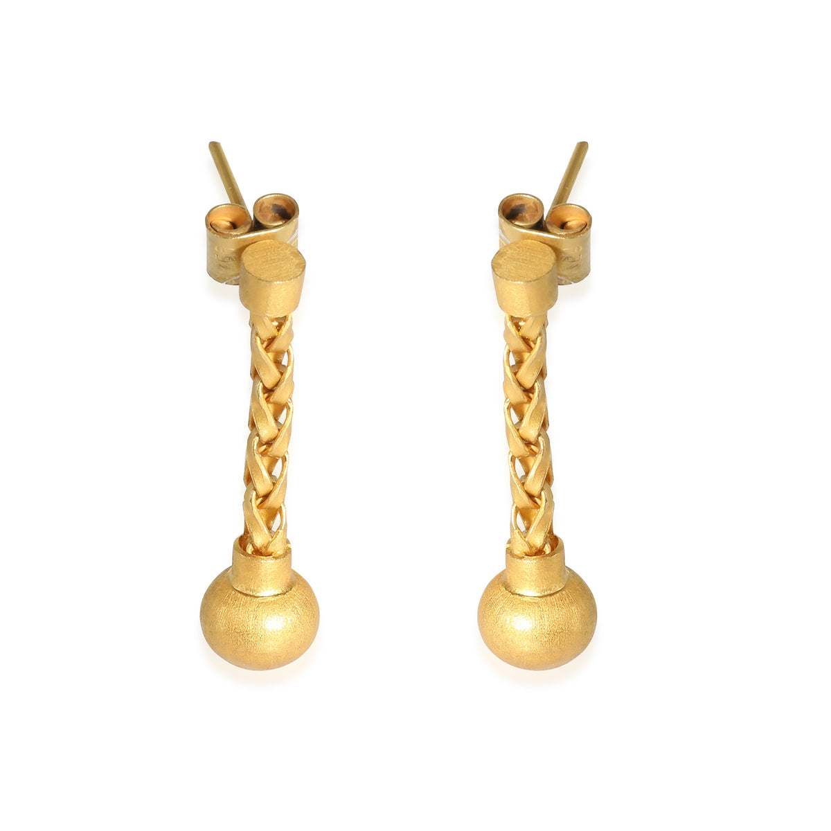 18K Yellow Gold Matte Woven Chain & Ball Drop Earrings