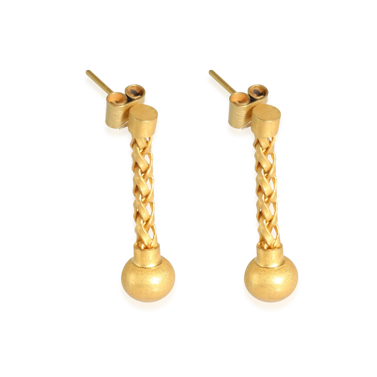 18K Yellow Gold Matte Woven Chain & Ball Drop Earrings
