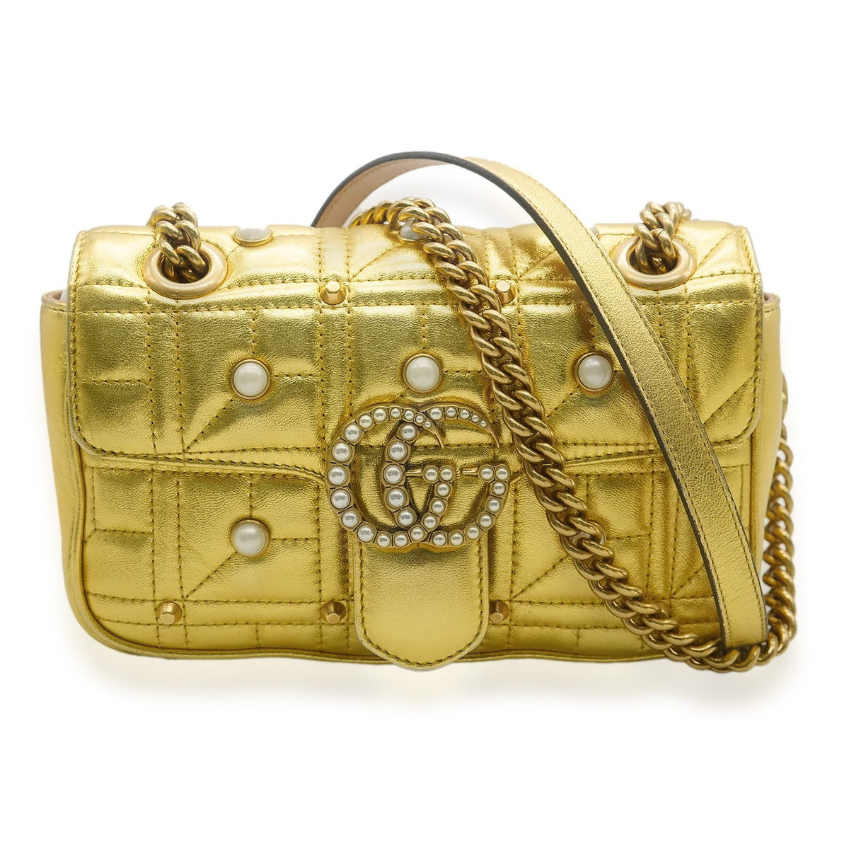 Metallic Gold Calfskin Studded Pearly GG Marmont Bag