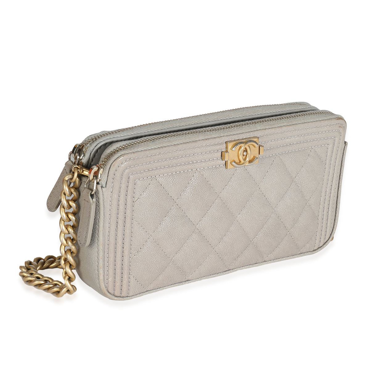 Chanel Grey Quilted Caviar Boy Clutch With Chain