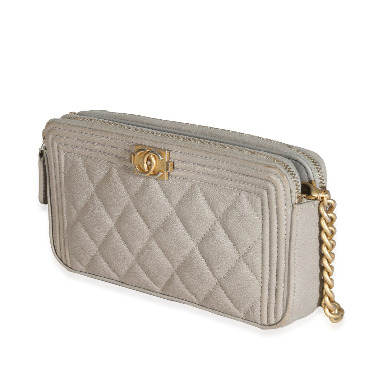 Chanel Grey Quilted Caviar Boy Clutch With Chain