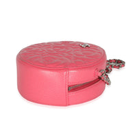 Pink Camellia Embossed Caviar Round Mini Pouch With Chain