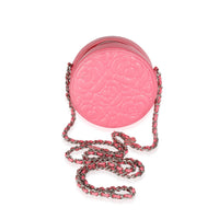 Pink Camellia Embossed Caviar Round Mini Pouch With Chain