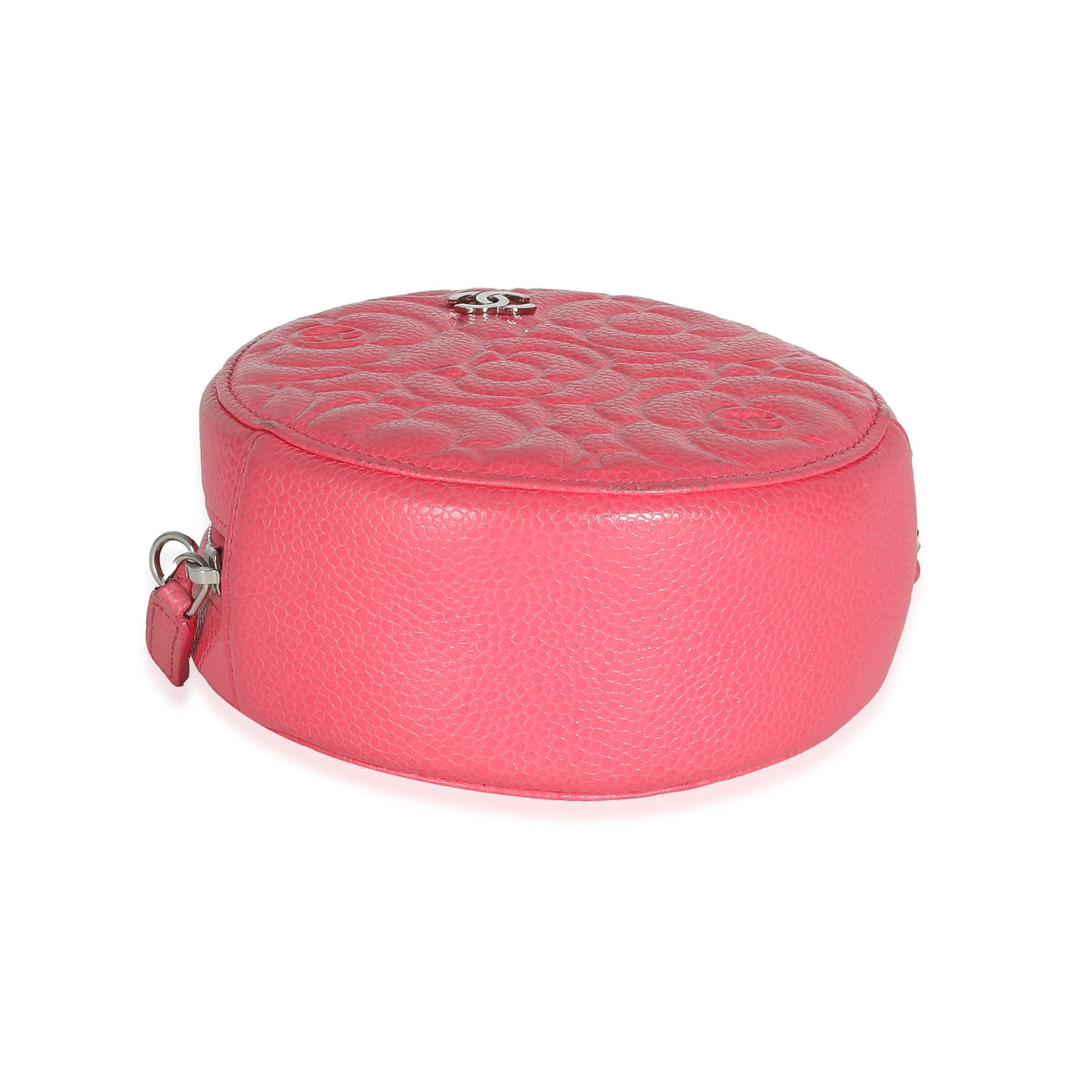 Pink Camellia Embossed Caviar Round Mini Pouch With Chain