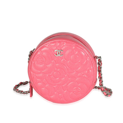 Pink Camellia Embossed Caviar Round Mini Pouch With Chain