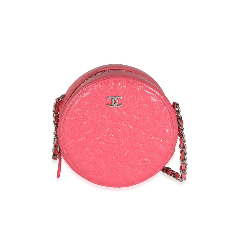 Chanel Pink Camellia Embossed Caviar Round Mini Pouch With Chain