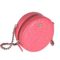 Pink Camellia Embossed Caviar Round Mini Pouch With Chain