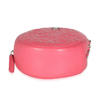 Pink Camellia Embossed Caviar Round Mini Pouch With Chain