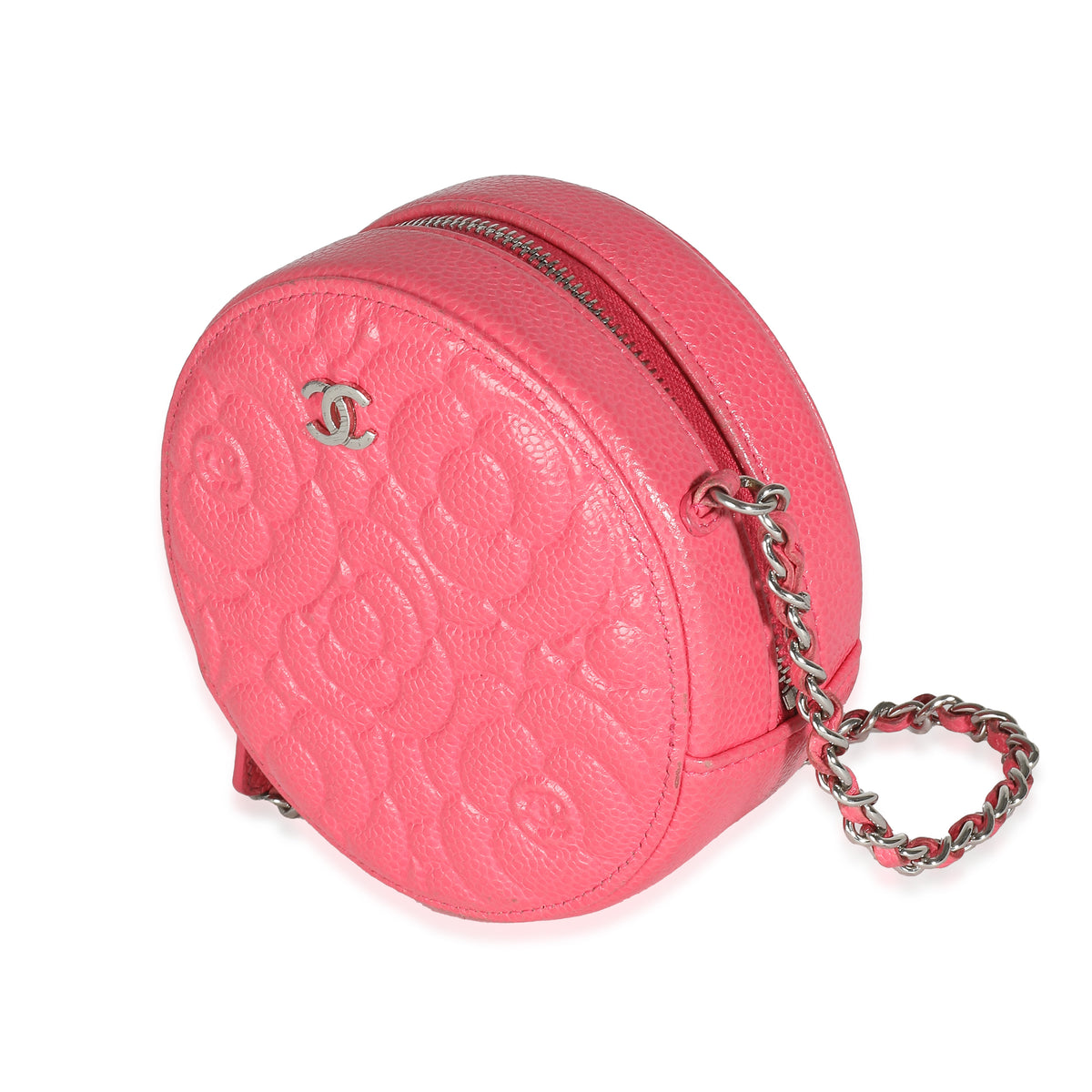 Pink Camellia Embossed Caviar Round Mini Pouch With Chain