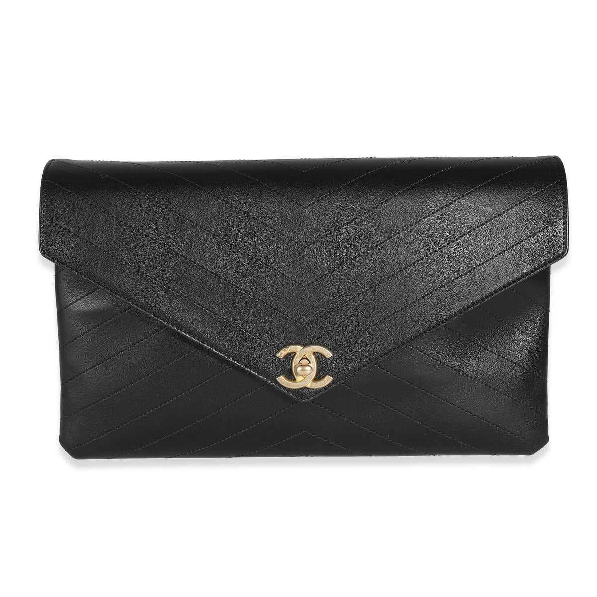 Chanel Black Chevron Lambskin Envelope Clutch