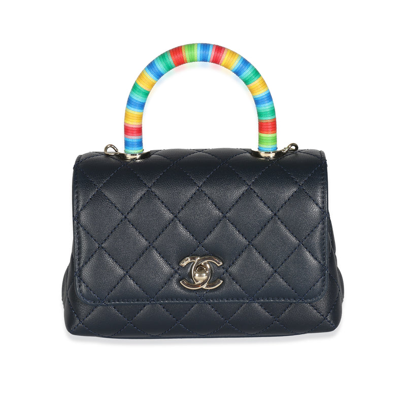 Navy Quilted Goatskin Rainbow Extra Mini Coco Top Handle Bag