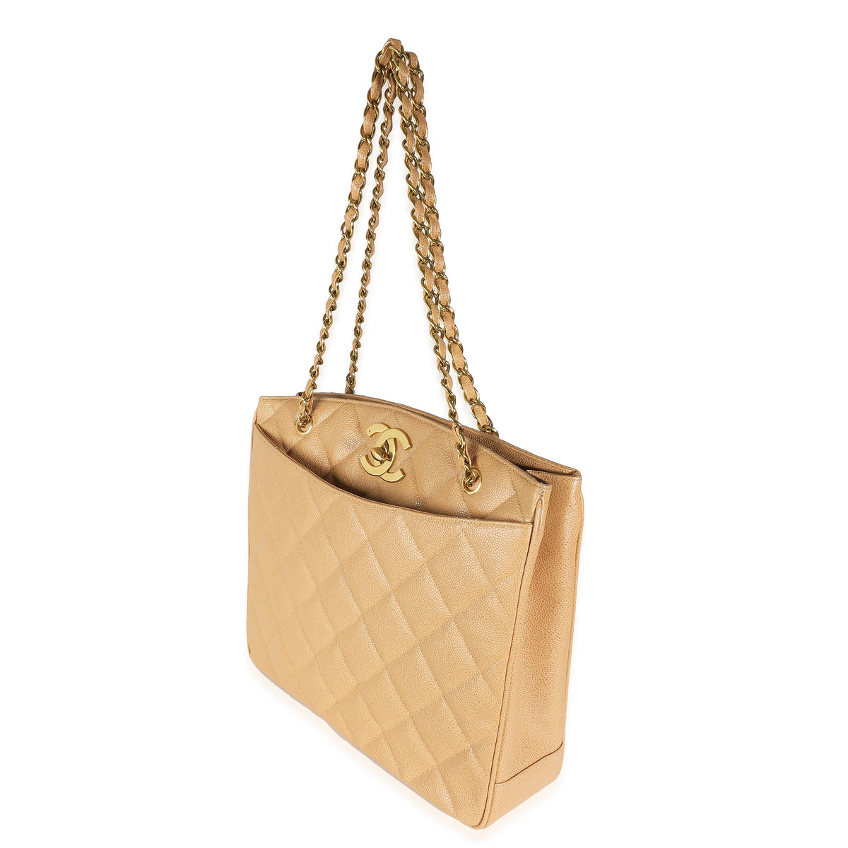 Chanel 24K CC Vintage Beige Quilted Caviar Chain Tote