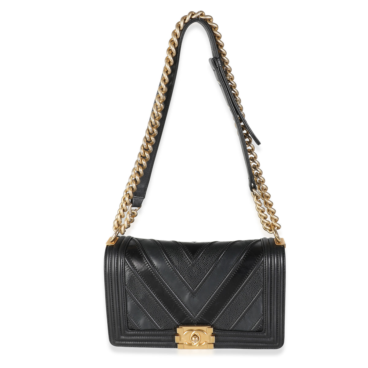 Black Calfskin Caviar In The Mix Chevron Old Medium Boy Bag